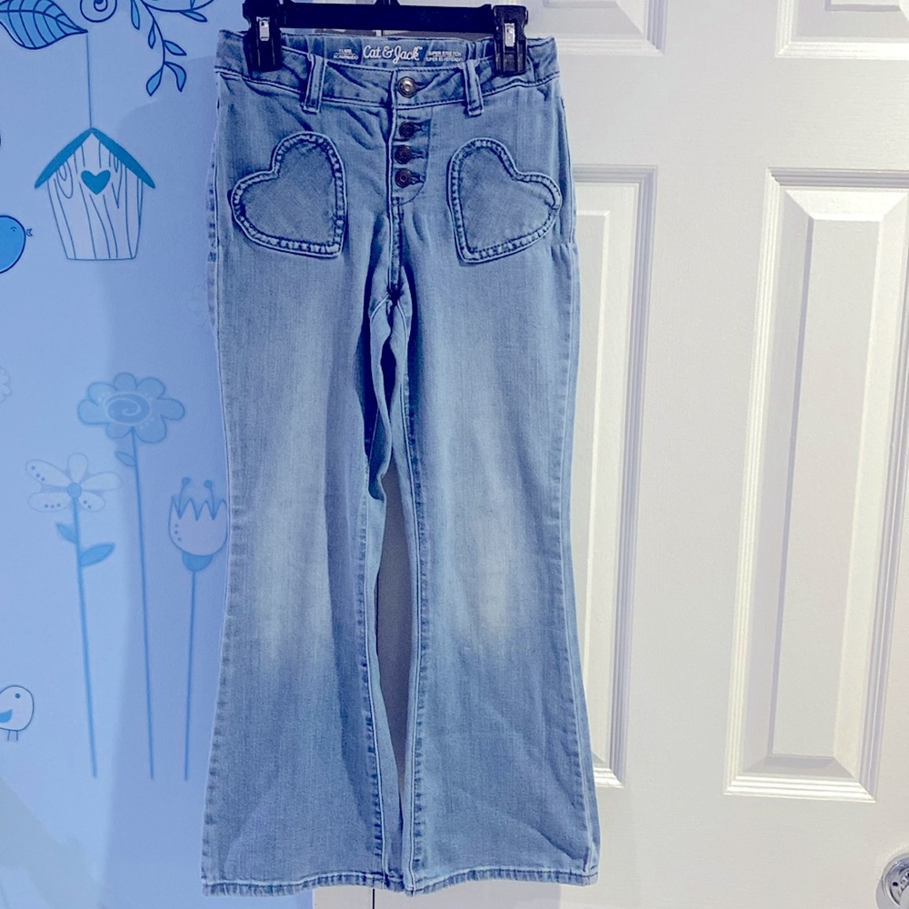 Cat & Jack Flare Super Stretch Heart Designed Pockets Girls Blue Jeans Size 10 ! - Picture 5 of 12